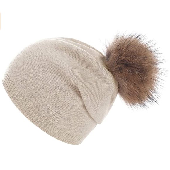 REAL FUR CASHMERE POM POM SLOUCHY BEANIE HAT - Picture 2 of 2